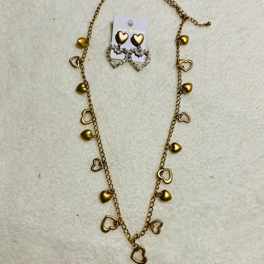 # EUC Gold Heart Necklace and NWT Earring Set